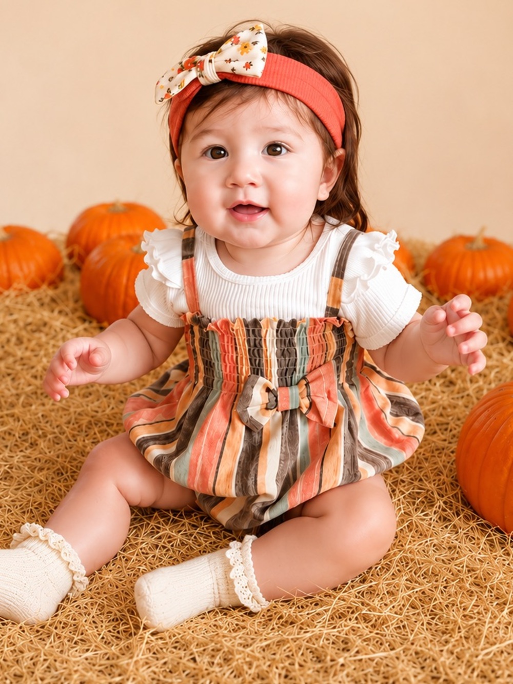 Baby Sunflower Striped Snap Bottom Bubble Romper Onesie - Size 3 to 6 Months